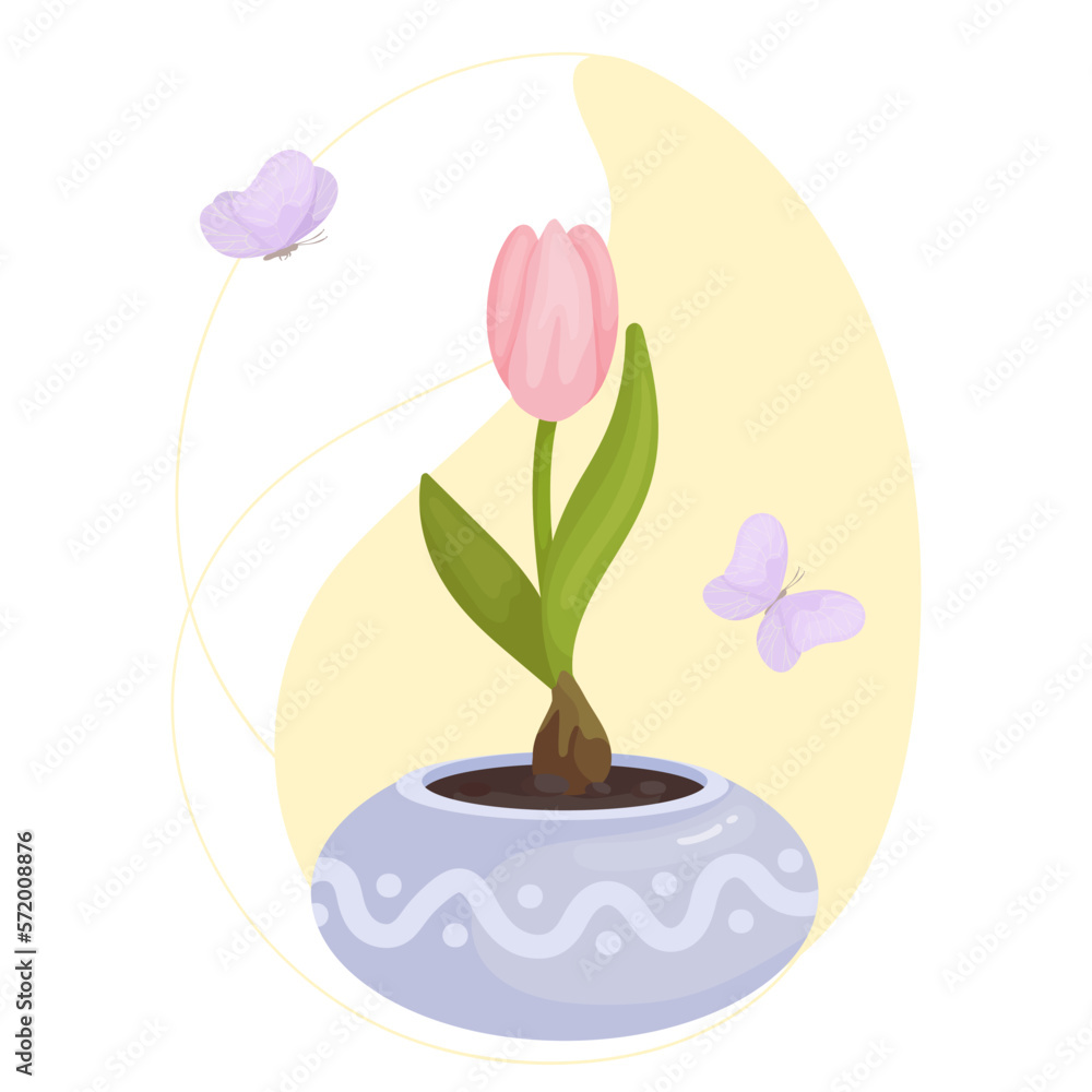 Tulip flowers and buds in a flowerpot with flying butterflies on an abstract background.Vector graphics. Tulip flowers and buds in a flowerpot with flying butterflies on an abstract background.Vector graphics.
