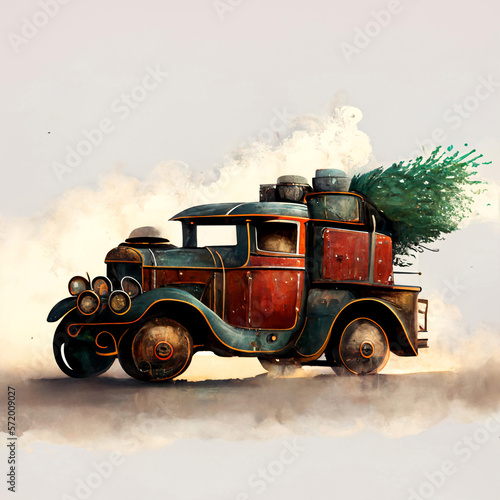 Watercolor hand drawn artistic colorful steampunk retro vintage car with Christmas tree 