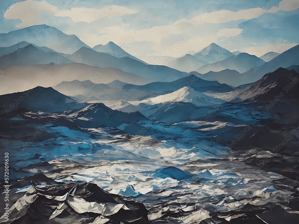 Landscape of mountains in cold colors painted with oil paints. Generative AI