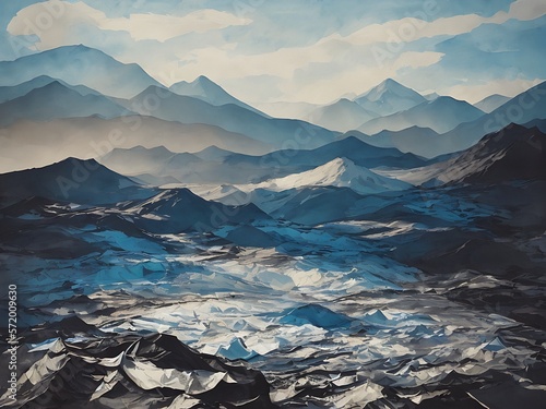 Landscape of mountains in cold colors painted with oil paints. Generative AI