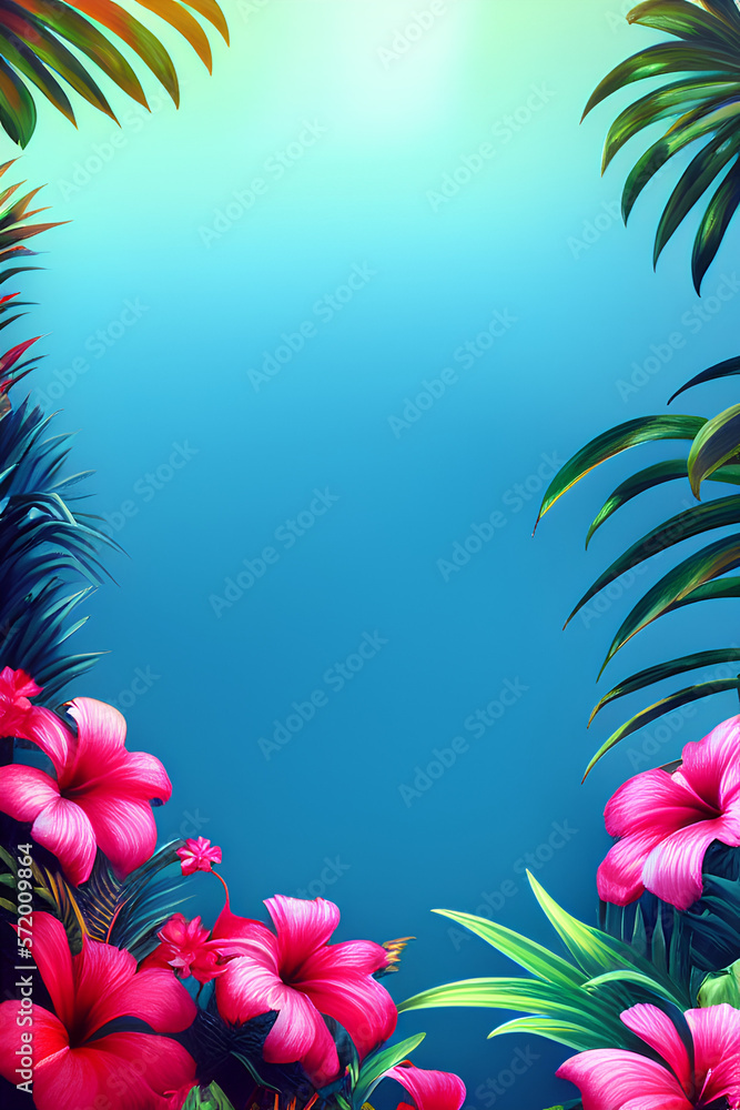 Frame with tropical plants and flowers on blue background. Generative AI Frame with tropical plants and flowers on blue background. Generative AI