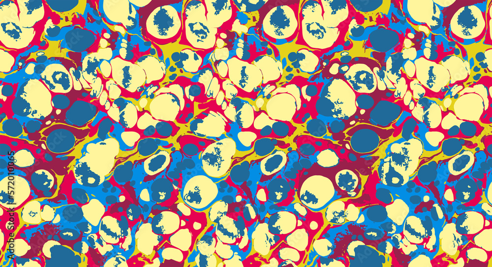 Naklejka premium Ebru Stoney Brooke, Turkish Ebru Print, Digitized and Repeated, Red, Blue, Yellow, Marbled, Repeating Pattern Tile, Vector