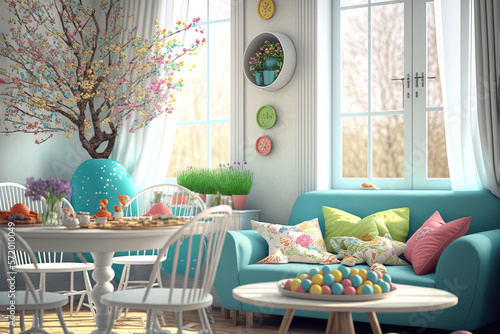 Wohnzimmer mit Oster Dekoration, Generative AI photo