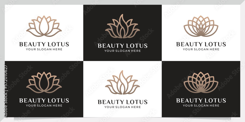 set of Lotus flower logo. Vector design template of lotus icons on dark and pink background in flat and outline style with golden effect for eco, beauty, spa, yoga, medical companies.
