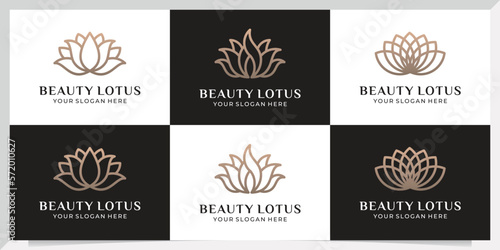 set of Lotus flower logo. Vector design template of lotus icons on dark and pink background in flat and outline style with golden effect for eco  beauty  spa  yoga  medical companies.