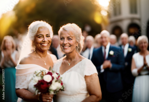 The wedding of two middle-aged women, they smile while looking at the camera, their friends applaud them in the background. Generative AI