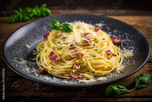 Close up of delicious Spaghetti, Italian food pasta with sauce, serve on plate on table, classic food, popular cuisine, with Generative AI.
