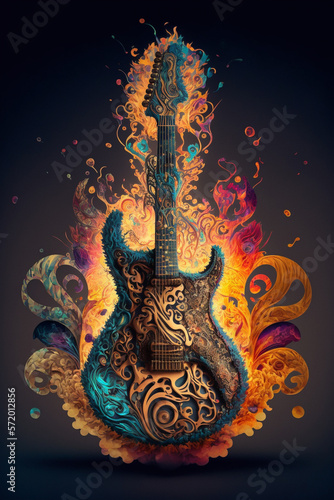 Colorful, psychedelic guitar with intricate details and ornaments. Created with Generative AI technology.