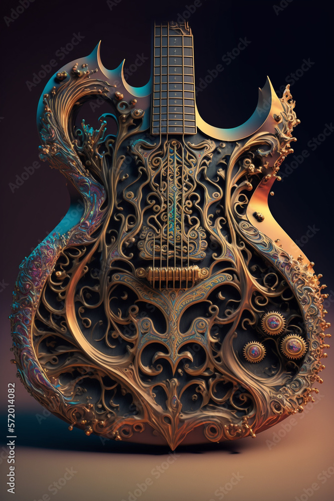 Colorful, psychedelic guitar with intricate details and ornaments. Created with Generative AI technology.