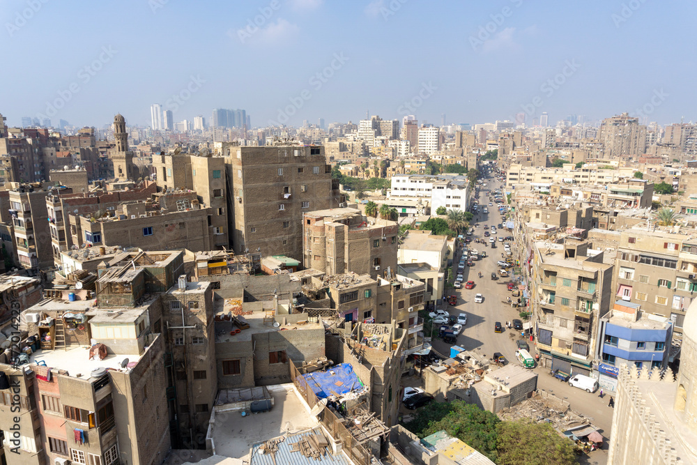 Views from the top of the Ibn Tulun Mosque minaret on a sunny day.