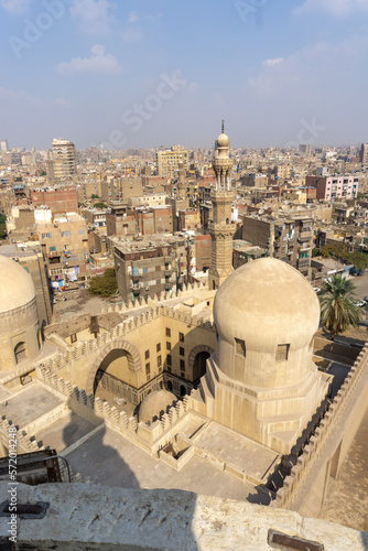 Views from the top of the Ibn Tulun Mosque minaret on a sunny day.