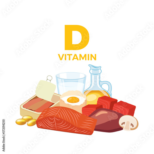 Vitamin D in food icon vector. Vitamin D food sources vector illustration isolated on a white background. Meat, milk, egg, oil, seafood vector. Pile of healthy fresh food drawing