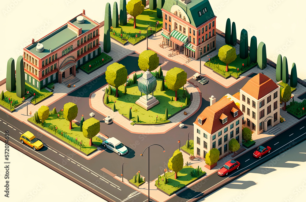 Generative AI illustration of Isometric city downtown or business district