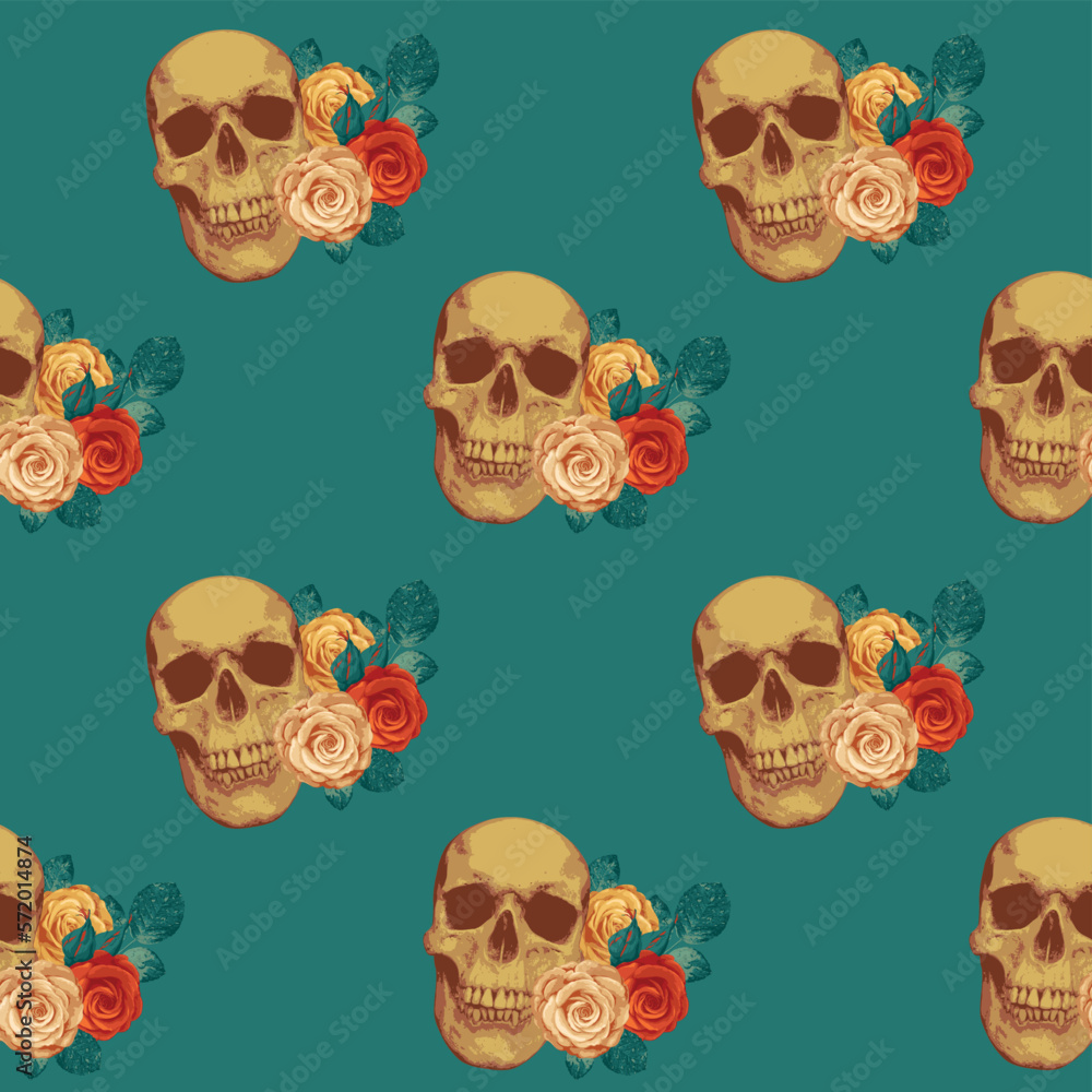 Fototapeta premium Seamless pattern with human skulls and roses. Vector background with sinister smiling skulls. Graphic print for clothes, fabric, wallpaper, wrapping paper