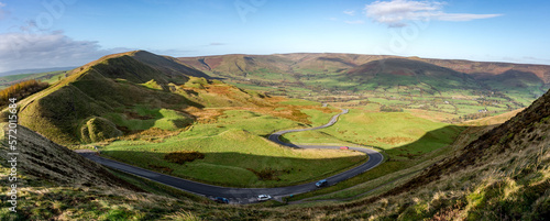 A panoramic view of Winnats Pass from the Mam tor hill in the Peak District of Derbyshire, England.