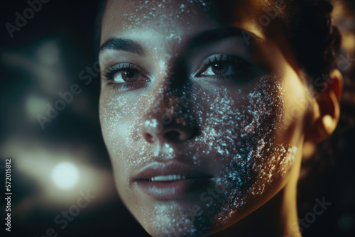 Woman with space imagery projected onto her face. Virtual assistant concept. generative ai