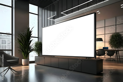 Realistic 3d side view of presentation screen in modern office environment, Modern interior with wide LED screen mockup 