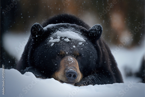 Ilustración de un gran oso tumbado en la nieve descansando. Generative AI