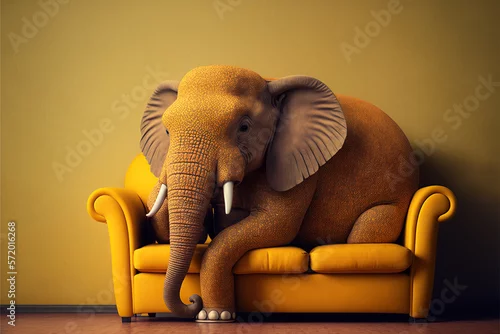 Obraz Ilustración de un elefante sentado en un sofá amarillo. Generative AI