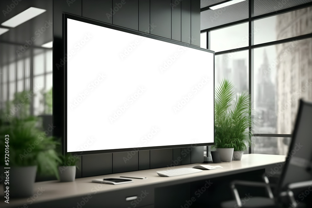 Transparent LCD TV Screen Mockup in office with indoor plants Transparent LCD TV Screen Mockup in office with indoor plants