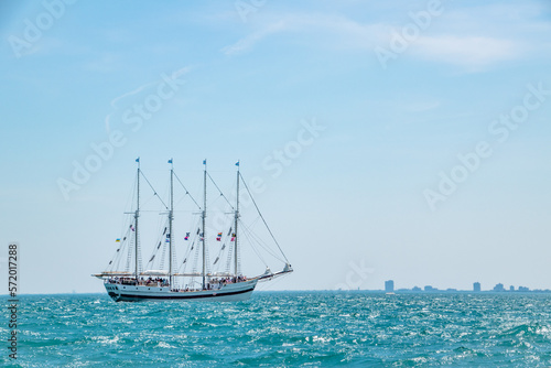 Old Classic Pirate Ship Yacht Sailboat on Lake Michigan With Blue Sky