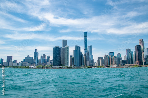 Chicago City Skyline and Coastline Along Lake Michigan on Sunny Day With Blue Sky