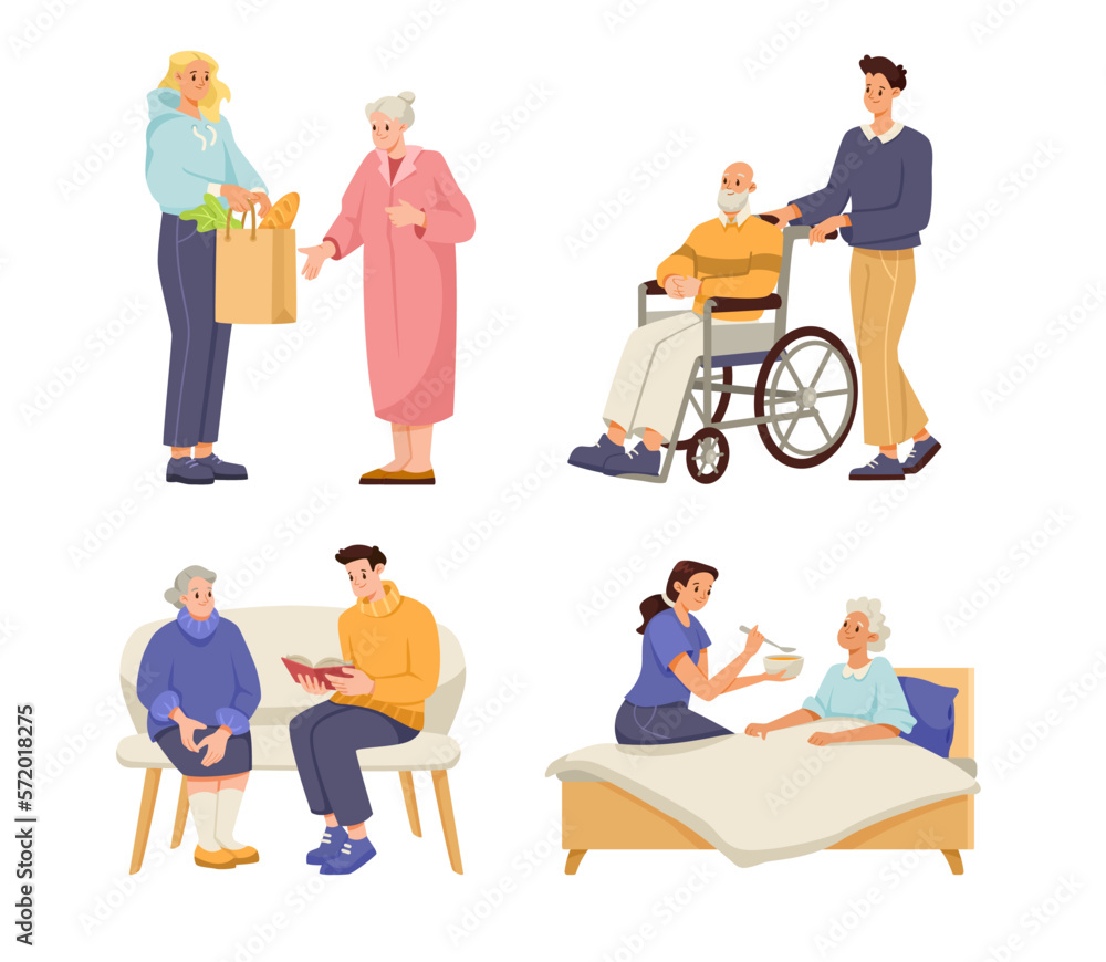 Man and Woman Volunteer Caring of Elderly People on Retirement Vector Illustration Set Man and Woman Volunteer Caring of Elderly People on Retirement Vector Illustration Set