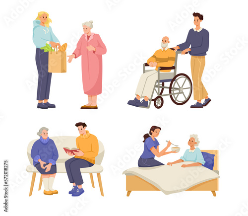 Man and Woman Volunteer Caring of Elderly People on Retirement Vector Illustration Set