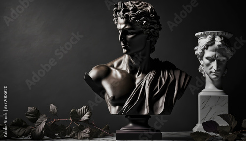 Majestic antique sculptures in the form of a bust on a pedestal and a vase of black and white flowers on a dark background. Generated Ai. High quality illustration © NK Project