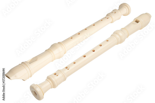 Recorder instrument. Soprano recorder, German fingering. Flute pipe. Classical music instrument for school student education. Learn melody. Flutist concert. High resolution. Isolated background. photo