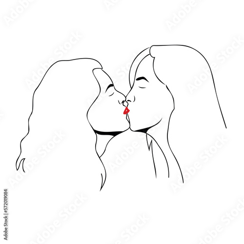 Two girls kissing. Outline vector illustration isolated on white background. 