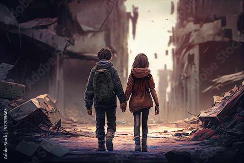 Illustration of a boy and a girl holding hands, walking in a destroyed city. Created with Generative AI technology