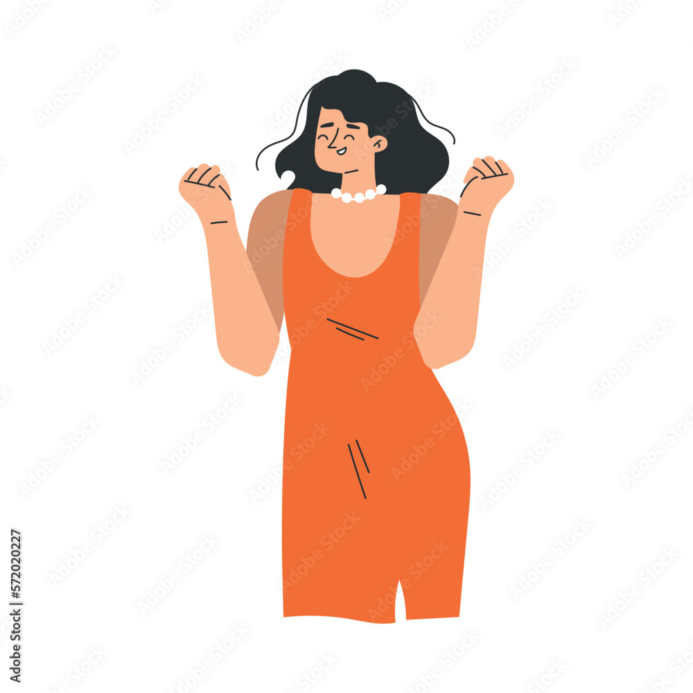 Positive Woman Character with Smiling Face and Clenched Fists Feeling Euphoric and in High Spirits Vector Illustration Positive Woman Character with Smiling Face and Clenched Fists Feeling Euphoric and in High Spirits Vector Illustration