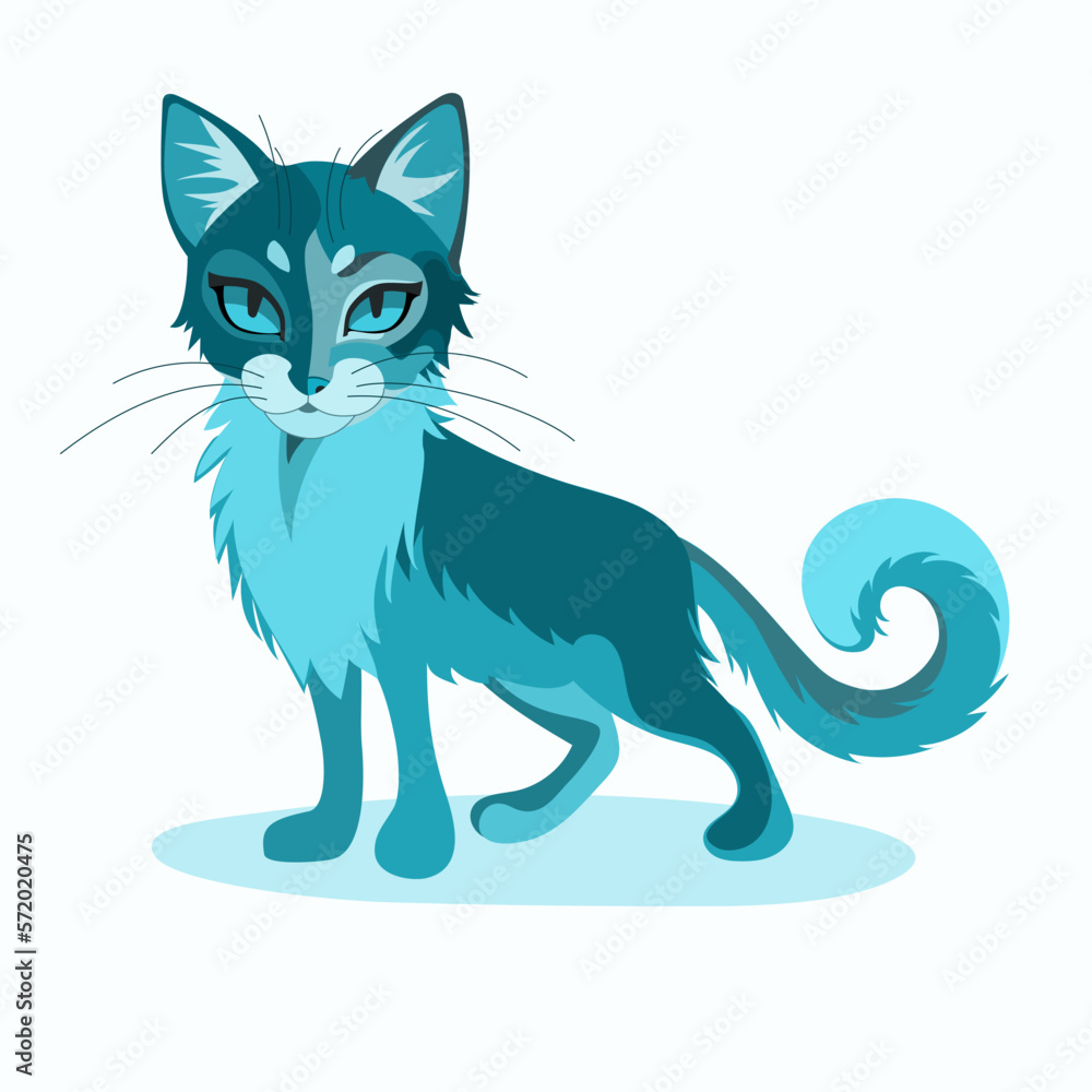 Vector illustration, very beautiful cat with a magnificent tail. Flat line art style design of blue cat in different shades on white color background.
