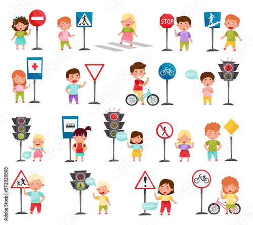Traffic Road Education with School Kids Learning Safety Rules Big Vector Set