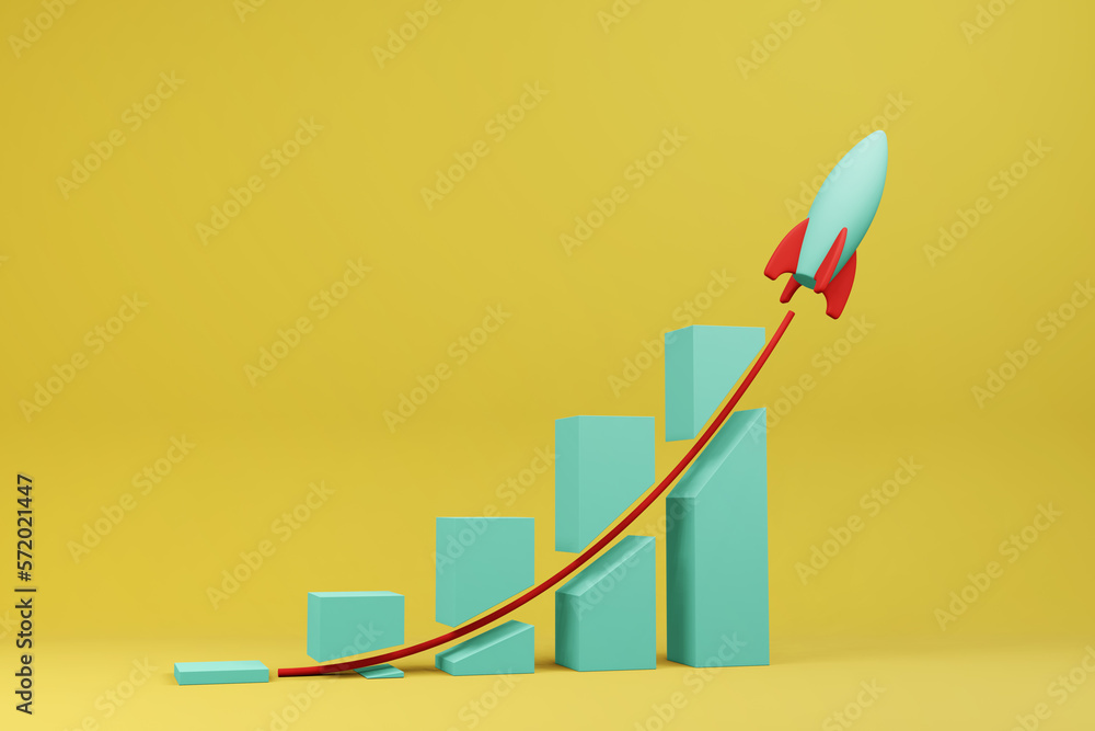 Fotografie Toy rocket flying through a business bar chart