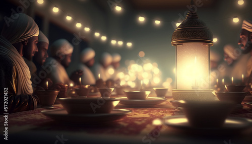 Arabic lantern with candle at night, people sitting around the table with dishes for Muslim Holy Month Ramadan, Kareem celebration, copy space, 3D illustration created with Generative AI technology