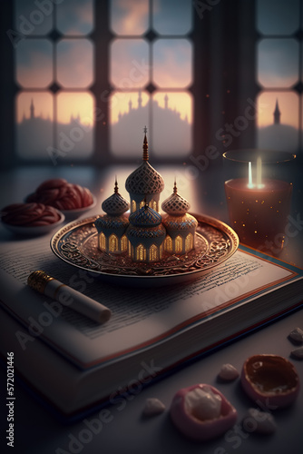 Arabic temple with windows in background at night for Muslim Holy Month Ramadan, Kareem celebration, copy space, 3D illustration created with Generative AI technology