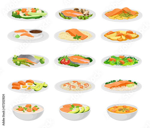 Tasty Salmon Dish with Slabs of Fish Served on Plate with Garnish Big Vector Set
