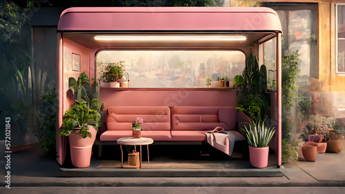 futuristic city bus shelter design, 3d render of future and modern bus station, designed like a living room