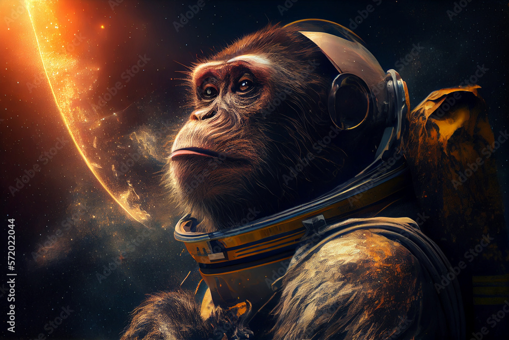 Monkey in astronaut suit in cosmic space. Generative Ai
