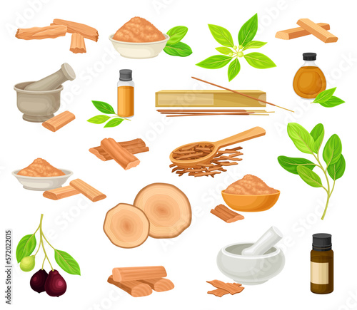 Sandalwood Sticks and Powder with Wood and Green Twig Big Vector Set