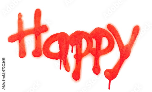Red spray stain word happy, painted graffiti isolated on white, clipping