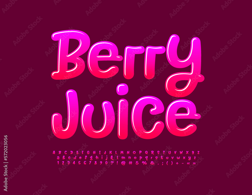 Vector creative Emblem Berry Juice. Pink handwritten Font. Glossy Alphabet Letters and Numbers set Vector creative Emblem Berry Juice. Pink handwritten Font. Glossy Alphabet Letters and Numbers set
