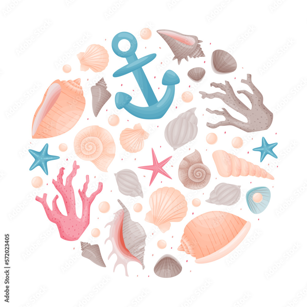 Sea Life Decorative Round Composition Design with Conch and Cockleshell Vector Template