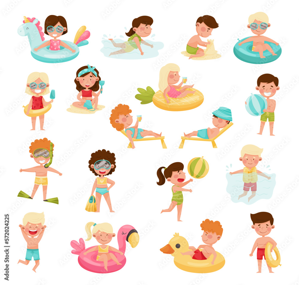 Children at Sea Sunbathing on Beach and Swimming in Water Big Vector Set Children at Sea Sunbathing on Beach and Swimming in Water Big Vector Set