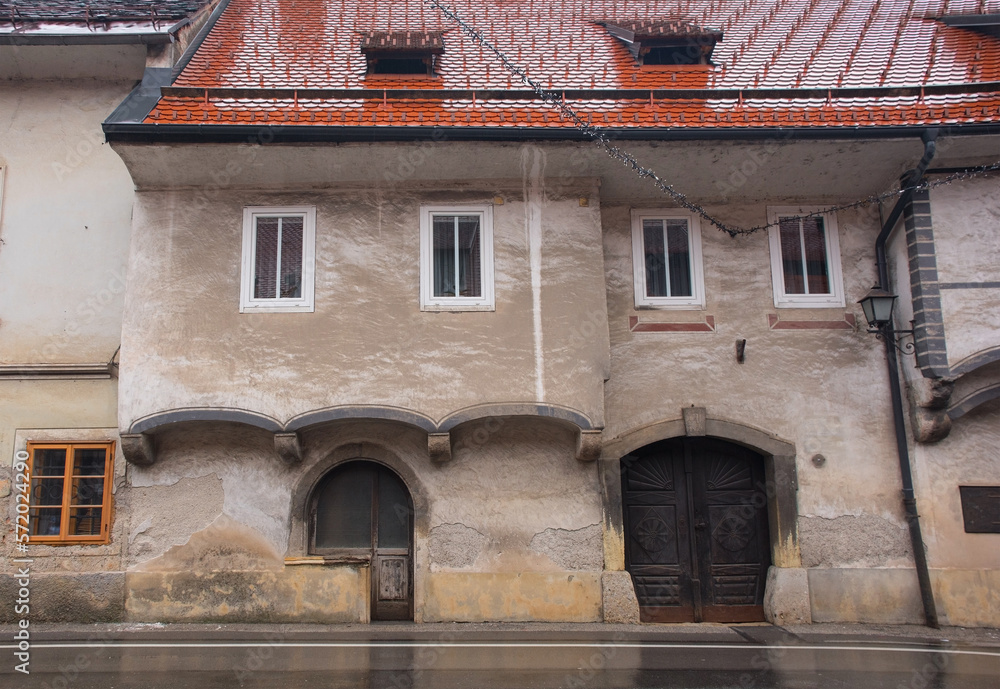 A medieval residential building in Spodnji Trg in Skofja Loka in Gorenjska, Slovenia. It has jettying with arch support
