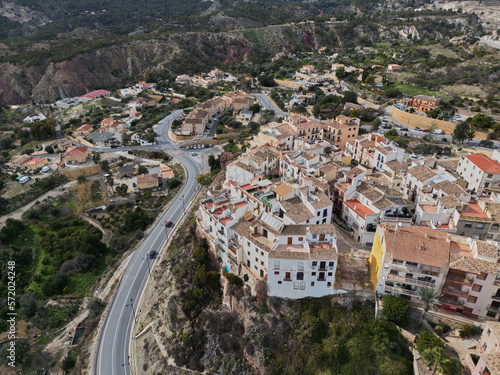 Top view of the Spanish city of Finestrat.Drone photo.Сity of Finestrat and the Puig Campana mountain.Costa Blanca,Spain 