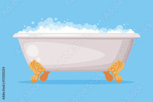 Cast Iron Bathtub on Claw Foot Pedestal Full of Water with Soap Bubbles Foam Isolated on Blue Background Vector Illustration