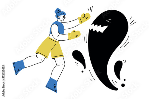 Self Growth with Woman Character Boxing with Fear Monster Engaged in Personal Development and Improvement Vector Illustration